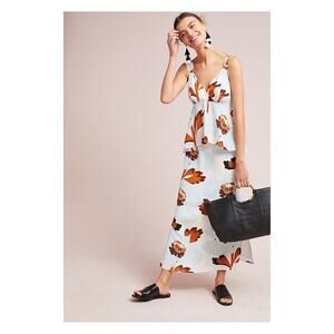 Anthropologie Postmark Blue&Brown Floral Silk Pamela Maxi Dress Sz.8P